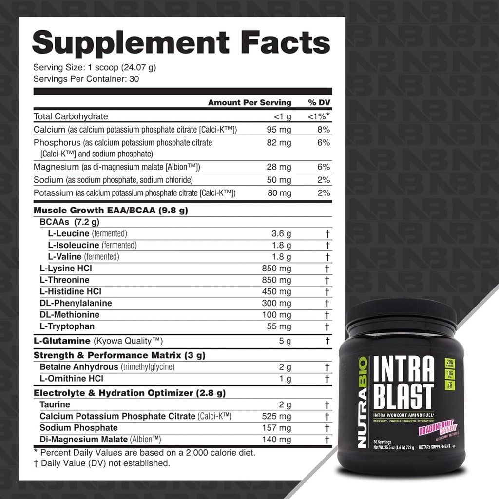 NutraBio Intra Blast Bcaa Powder Amino Acid Supplement, Electrolyte & Hydration Blend, Intra, Pre Workout & Muscle Recovery, 20g Eaa Amino Acids Powder, 5g Glutamine- Dragonfruit Candy, 30 Serving 3