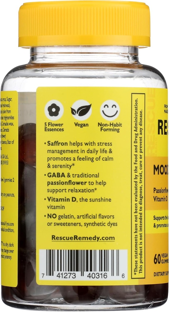 RESCUE Bach Plus Mood & Stress Support Gummies, Daytime Dietary Supplement with Passionflower, GABA, Saffron & Vitamin D, Natural Orange Flavor, Vegan & Gluten-Free, 60 Count 5