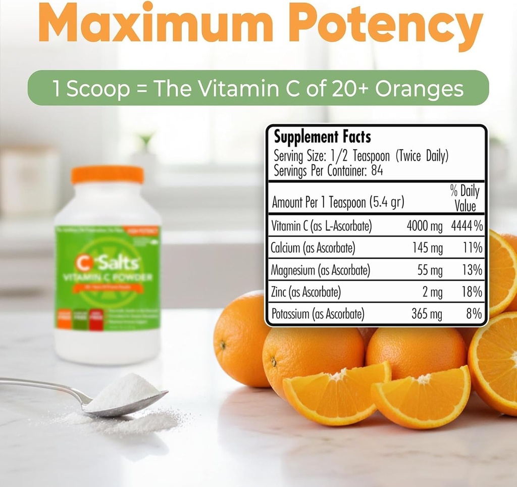 C-Salts Vitamin C Powder Supplement - 100% Pure High Dose Buffered Vitamin C Powder for Immune Support - Organic, Sugar-Free, Vegan, Non-GMO, Stomach-Friendly, Original 8 oz 4