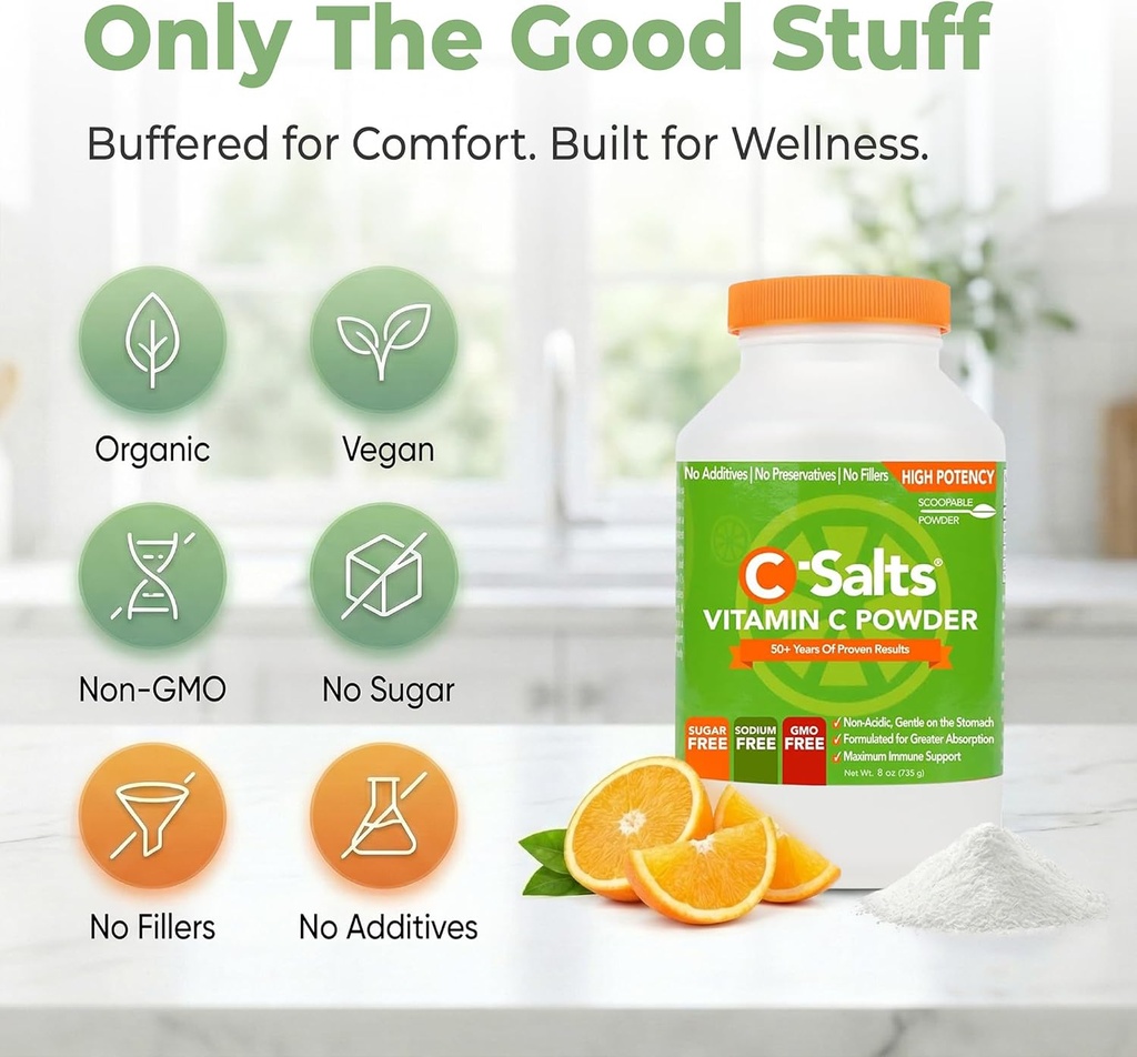 C-Salts Vitamin C Powder Supplement - 100% Pure High Dose Buffered Vitamin C Powder for Immune Support - Organic, Sugar-Free, Vegan, Non-GMO, Stomach-Friendly, Original 8 oz 6