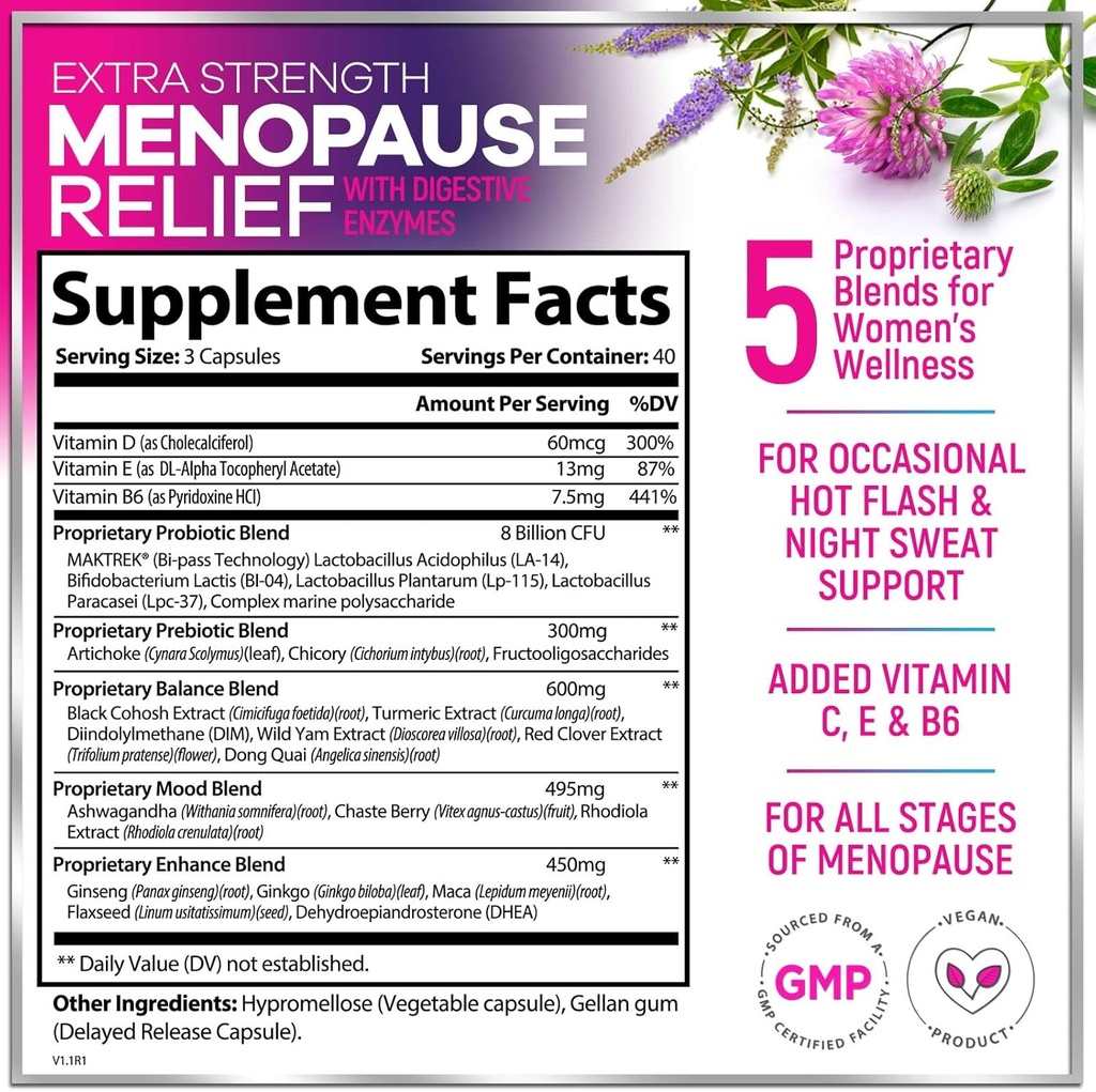 Menopause Supplements for Women with Dong Quai, Chaste Berry, Black Cohosh, 8 Billion CFU Probiotics - Hot Flash Night Sweats & Menopause Relief Probiotic for Vaginal, Digestive Health - 120 Capsules 3