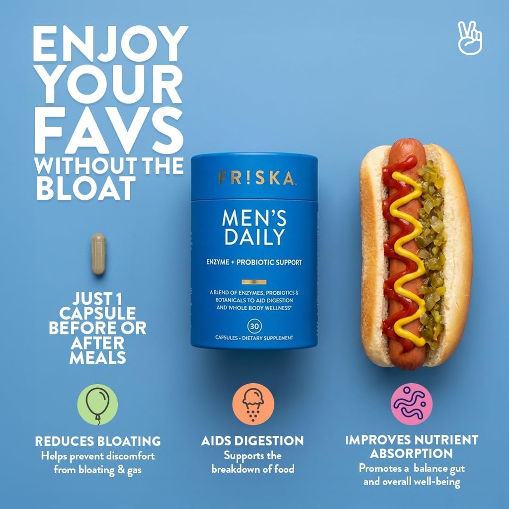 FRISKA Men’s Daily Digestive Enzyme and Probiotics Supplement, Natural Support for Male Digestive Health, Bloating, Gas, Indigestion Relief, Supports Gut Health, Lactase and B-Vitamins, 30 Capsules 3
