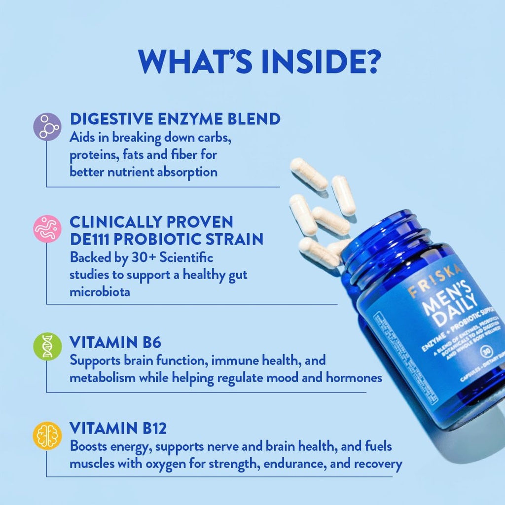 FRISKA Men’s Daily Digestive Enzyme and Probiotics Supplement, Natural Support for Male Digestive Health, Bloating, Gas, Indigestion Relief, Supports Gut Health, Lactase and B-Vitamins, 30 Capsules 4