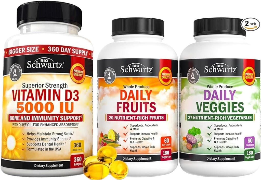 BioSchwartz Daily Fruits and Veggies Supplement for Women and Men (2 Month Supply) Plus High Strength Vitamin D3 5000 IU 125 mcg (1 Year Supply) 2