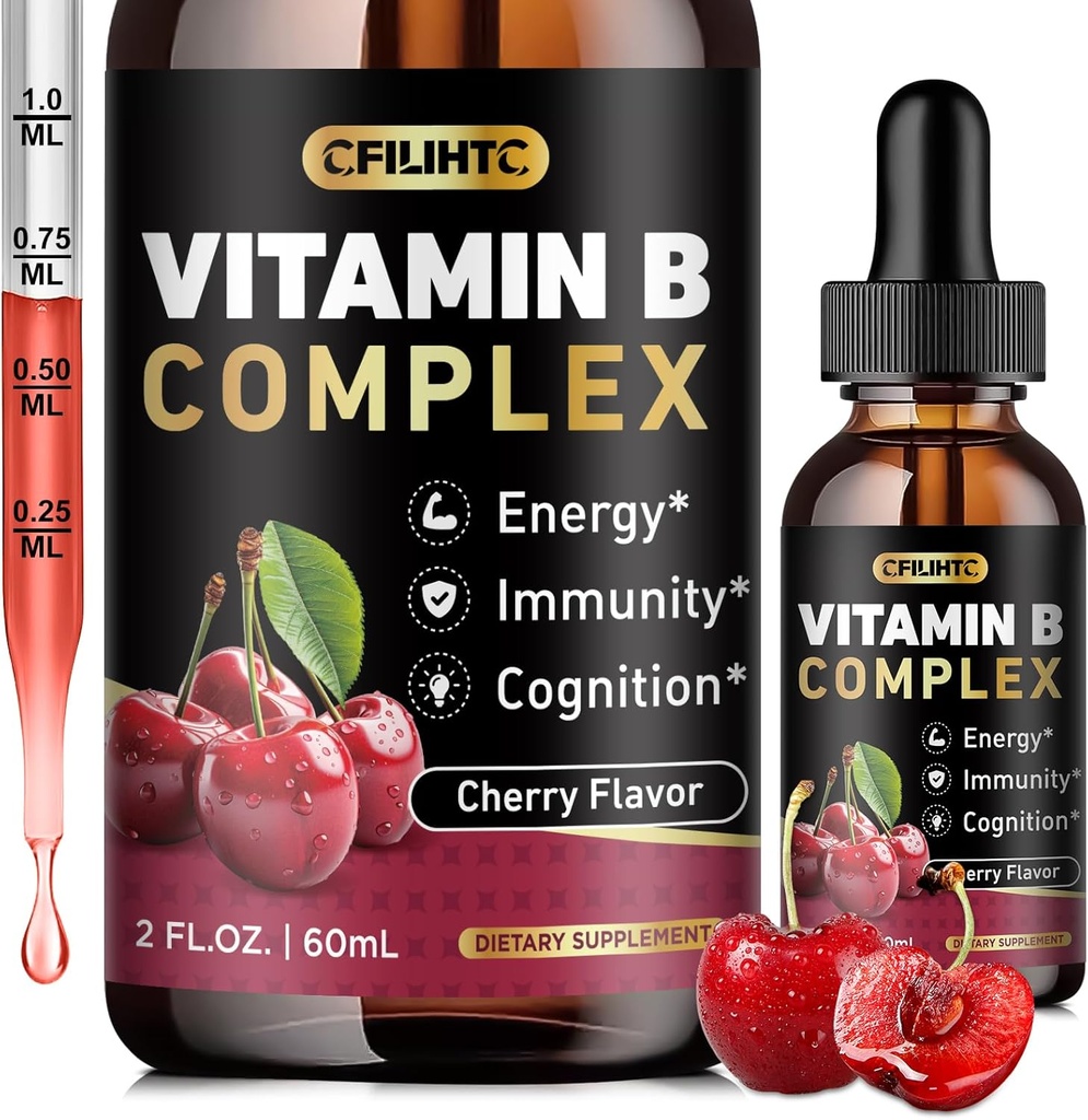 Vitamin B Complex Liquid Drops, B Vitamins Complex Supplement with B1, B2, B3, B5 B6, B7, B9 & Methyl B12 Drops for Adults & Kids, Vegan, Cherry Flavor 2