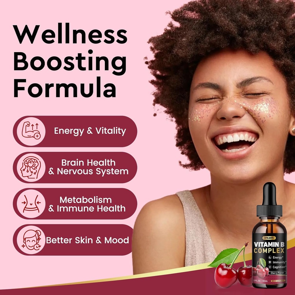 Vitamin B Complex Liquid Drops, B Vitamins Complex Supplement with B1, B2, B3, B5 B6, B7, B9 & Methyl B12 Drops for Adults & Kids, Vegan, Cherry Flavor 4