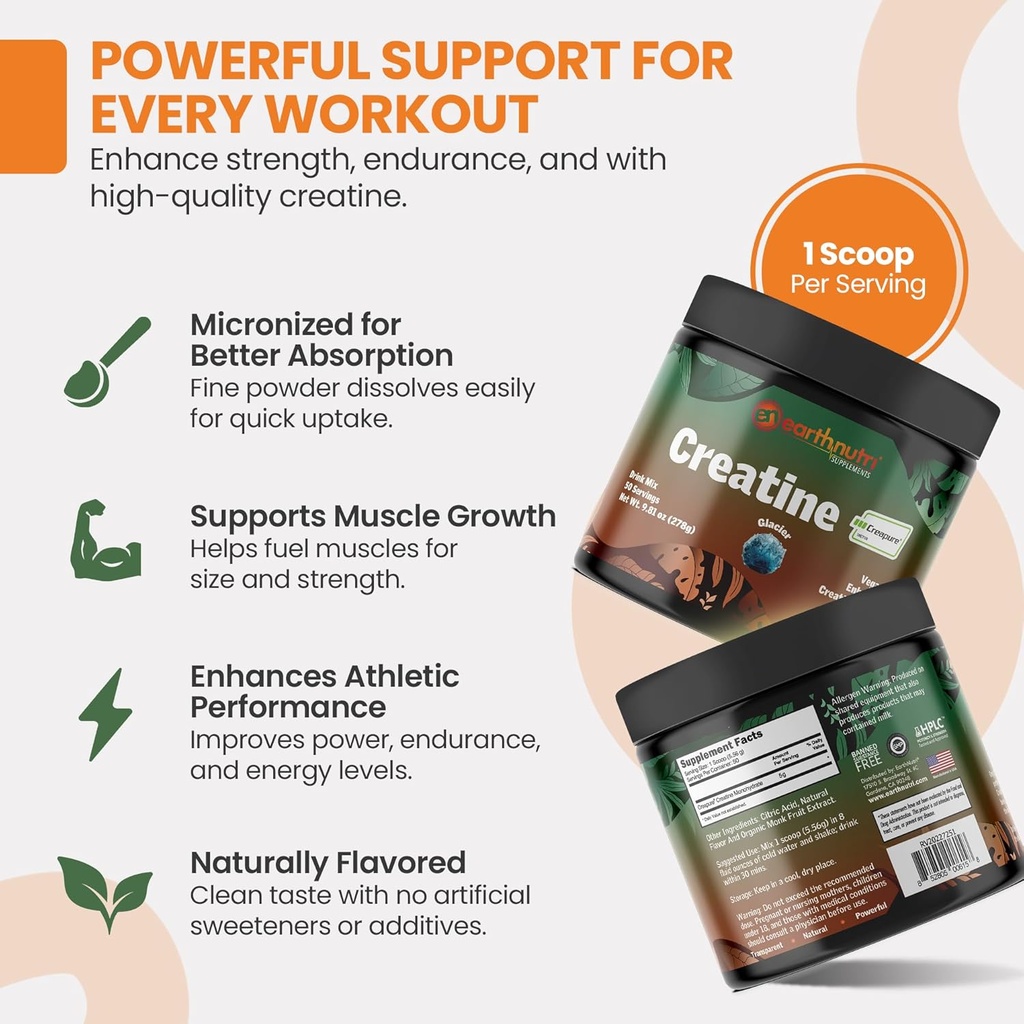 EarthNutri Creatine Monohydrate Powder - Pure Creatine Supplement for Muscle Strength, Strength & Performance - Non-GMO, Sugar-Free, Additive-Free – for Men & Women, Flavored 250g 3