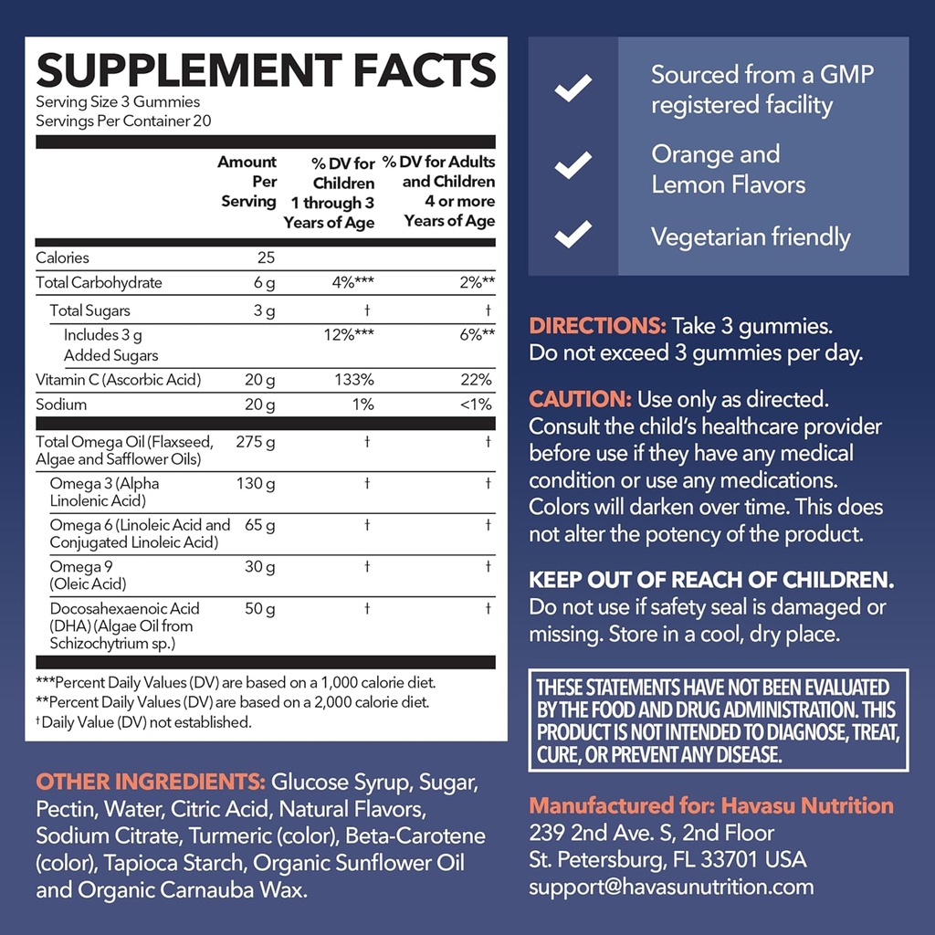 Omega 3 6 9 + DHA Gummies for Kids - Vegetarian, Plant-Based Fish Oil with DHA and EPA for Children 2+ to Support Body and Brain Development - No Fishy Taste - Lemon and Orange Flavors - 60 Count 3