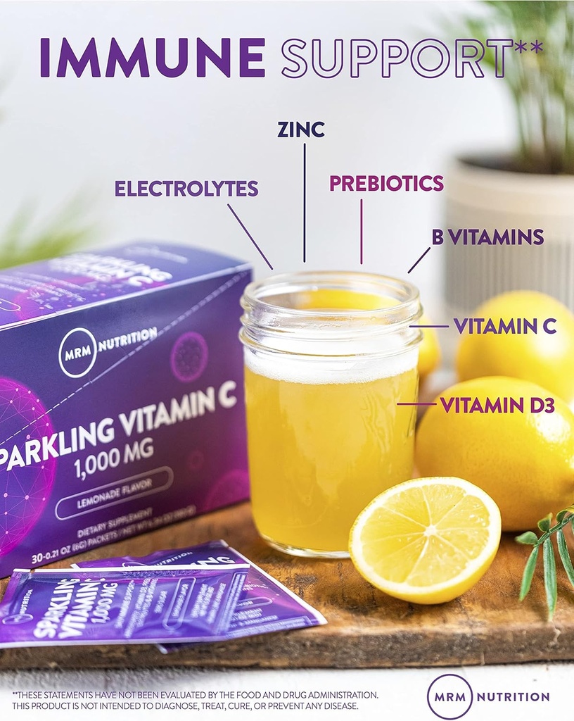 MRM Nutrition Sparkling Vitamin C 1000mg | with Vitamin D + zinc + prebiotics| Lemonade Flavored | Immune Health | Antioxidants + Electrolytes | Zero Sugar | 30 Servings 6