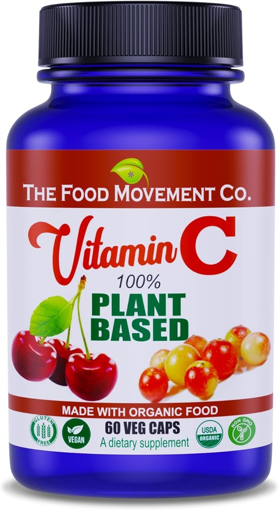THE FOOD MOVEMENT CO. 100% Plant-Based Vitamin C 60 Capsules 125mg - Adults Immune System Antioxidant Support Dietary Supplement - Whole Food Vegan Supplements from Organic Non-GMO Gluten-Free Fruits 2