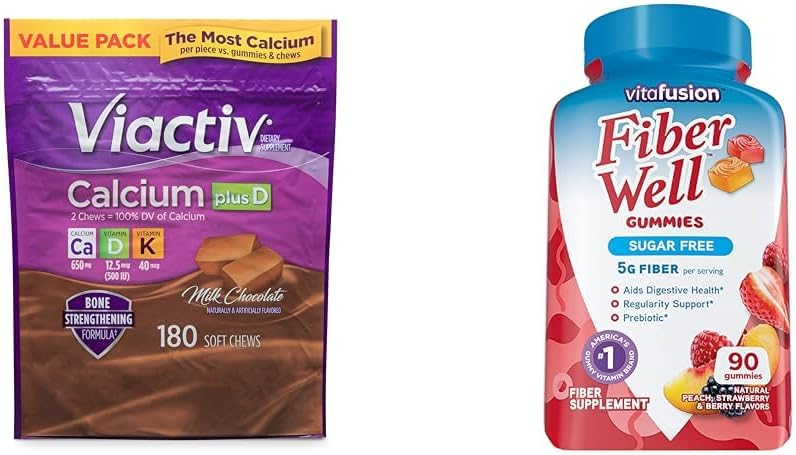 Viactiv Calcium Plus Vitamin D Supplement Soft Chews, Brown, Milk Chocolate, 180 Count & Vitafusion Fiber Well Sugar Free Fiber Supplement, Peach, Strawberry and BlackBerry Flavored 2