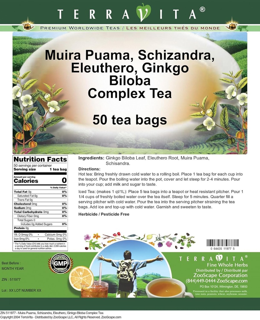 Muira Puama, Schizandra, Eleuthero, Ginkgo Biloba Complex Tea (50 tea bags, ZIN: 511977) 3