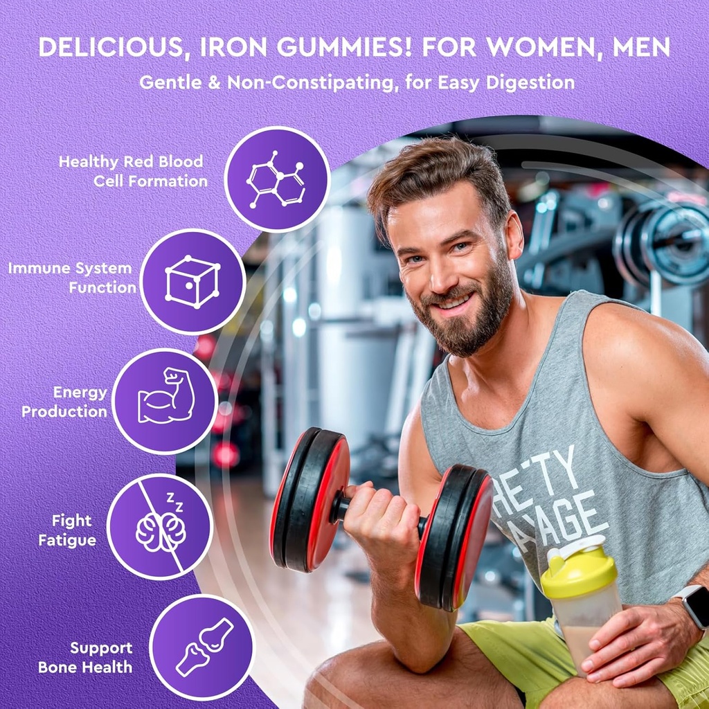 Iron Gummies - with Calcium, Zinc, Folate & Vitamin B12, C, B6 for Adults & Kids - Blood Builder & Energy Support for Iron Deficiency, Anemia, Vegan - 2 Pack Grape Flavour,60 Gummies 4