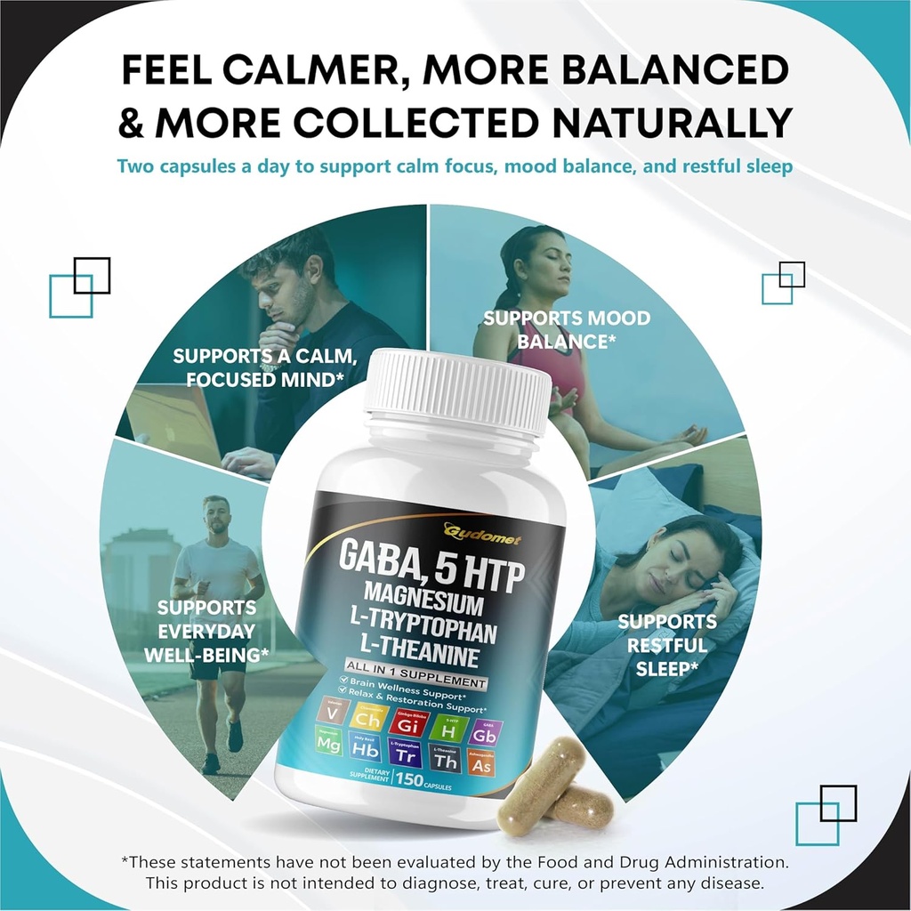 GABA 5-HTP L-Tryptophan L-Theanine Vitamin D3 Vitamin B6 Holy Basil Valerian Chamomile Ginkgo Biloba Ginger -150 Capsules- Made in USA 4