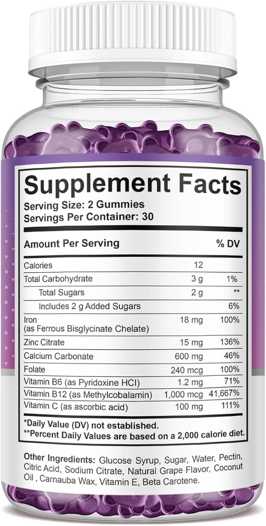 Iron Gummies - with Calcium, Zinc, Folate & Vitamin B12, C, B6 for Adults & Kids - Blood Builder & Energy Support for Iron Deficiency, Anemia, Vegan - 2 Pack Grape Flavour,60 Gummies 6