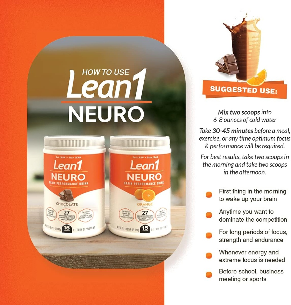 Lean1 Neuro Chocolate, Mental Energy Drink, 15 Serving tub by Nutrition53 5