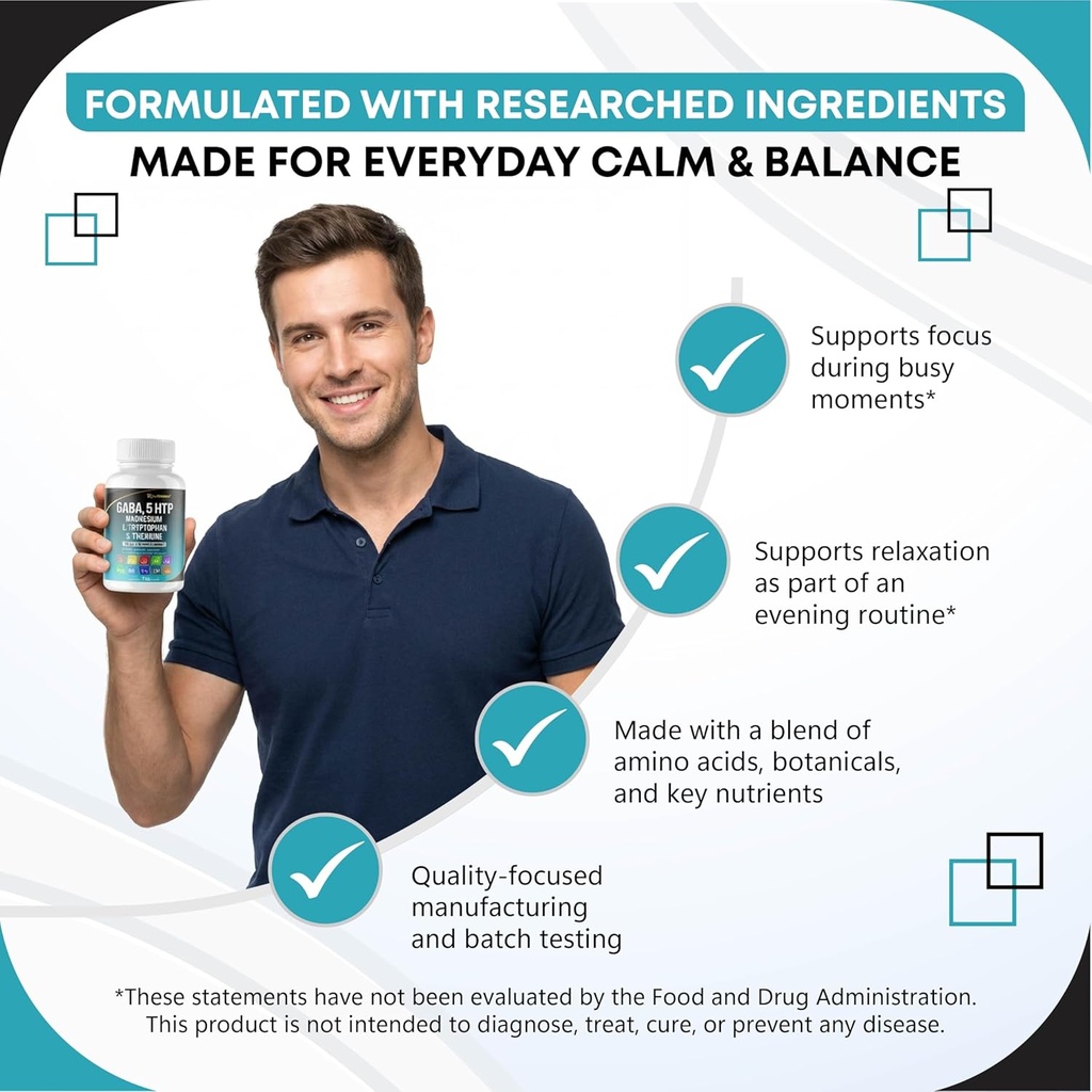 GABA 5-HTP L-Tryptophan L-Theanine Vitamin D3 Vitamin B6 Holy Basil Valerian Chamomile Ginkgo Biloba Ginger -150 Capsules- Made in USA 6