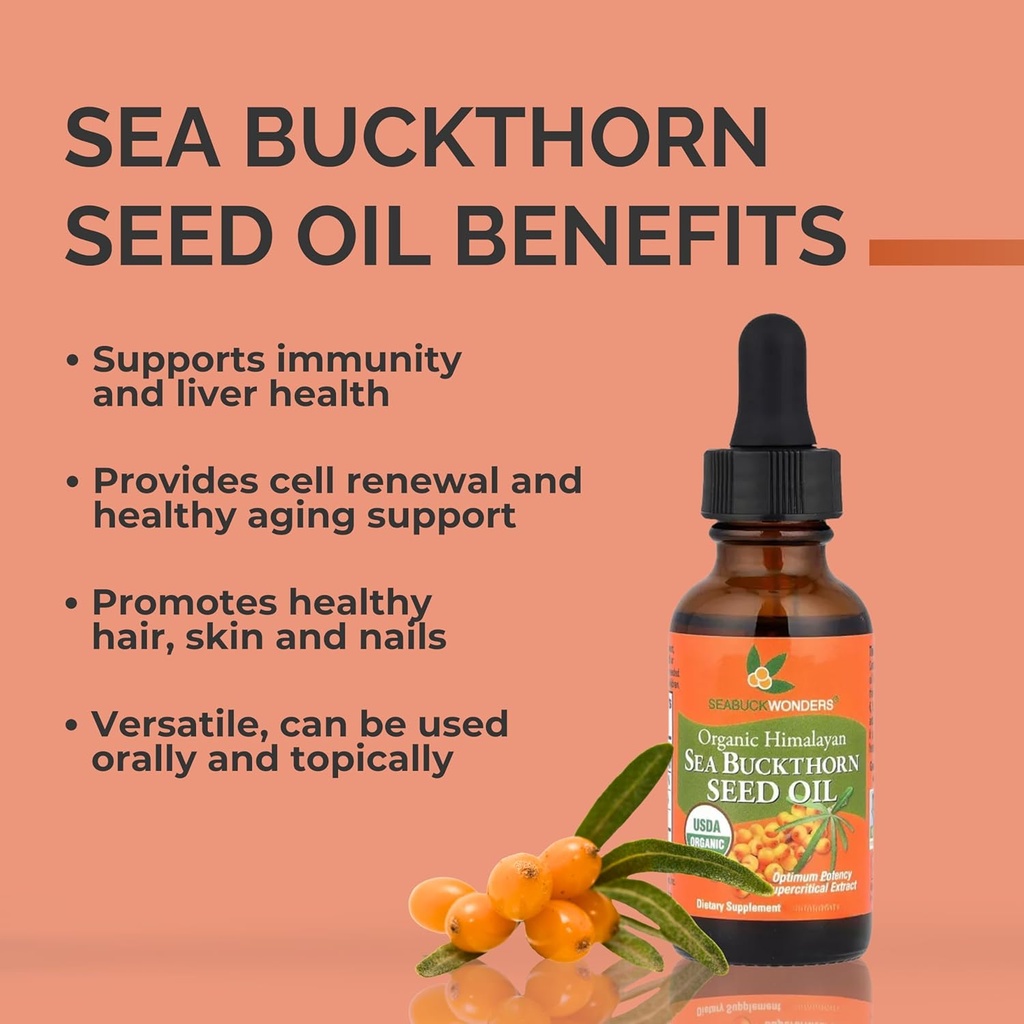 SeabuckWonders Sea Buckthorn Seed Oil,100% Certified Organic, 1 FL OZ 3