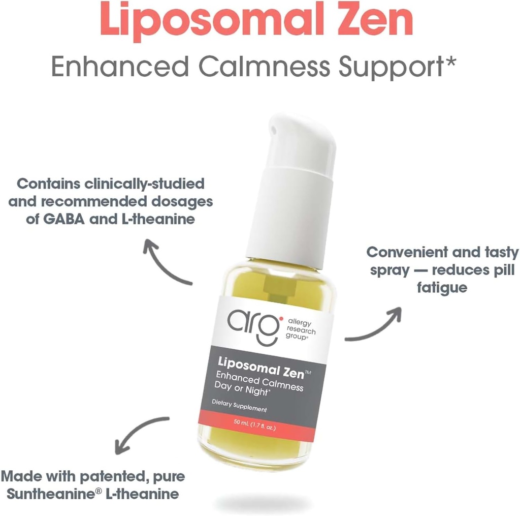 Allergy Research Group Liposomal Zen - L-Theanine Liquid Supplement, GABA Calming Support, Sleep Liposomal, Day or Night, Sunflower Phospholipids, Fast-Acting Zen Formula - 1.7 Fl Oz 6