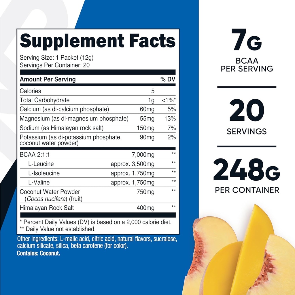 Nutricost BCAA+ Hydration Peach Mango Flavor (20 Stickpacks) - Branched Chain Amino Acids with Hydration Complex - Gluten-Free, Non-GMO 3