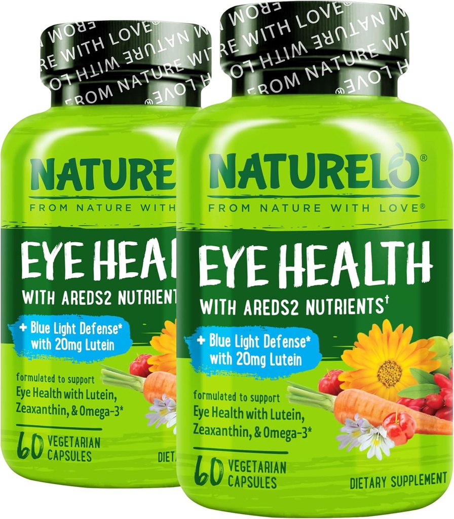 NATURELO Eye Vitamins - AREDS 2 Formula Nutrients with Lutein, Zeaxanthin, Vitamin C, E, Zinc, Plus DHA - Supplement for Dry Eyes, Healthy Vision, Eye Support - 60 Vegan Capsules (Pack of 2) 2