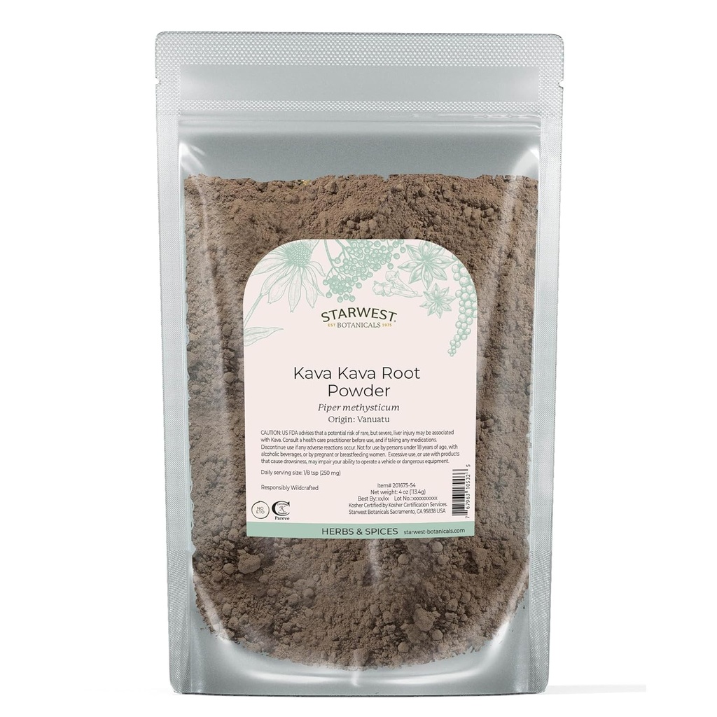 Starwest Botanicals Kava Kava Root Powder - Dried Herb for Tea & Beverages, Promotes Calm, Natural Piper Methysticum, Wildcrafted, Finely Ground, Certified Kosher - 4 oz Pouch 2