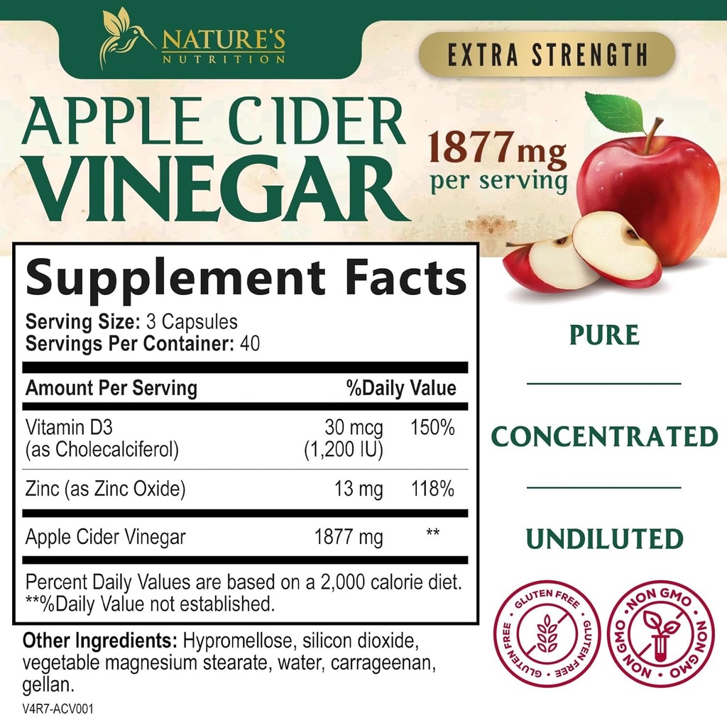 Apple Cider Vinegar Capsules 1877mg - Extra Strength Detox & Cleanse with Vitamin D & Zinc - Premium ACV Pills with Joint Natural Digestion & Immune Support - Vegetarian Supplement - 120 Capsules 3