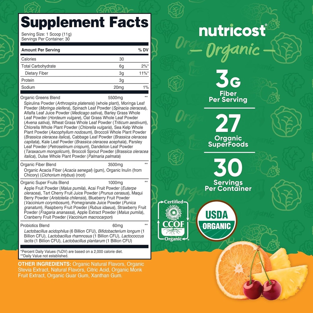 Nutricost Organic Super Greens Powder (30 Servings) Orange Sunrise Flavor - Superfood Supplement Drink Mix 3