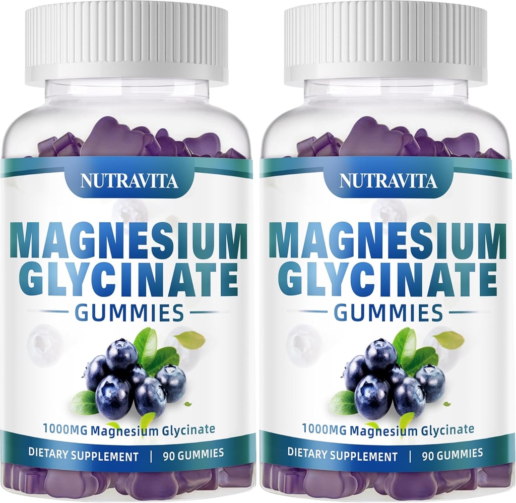 Magnesium Glycinate Gummies 1000mg with Magnesium L-Threonate,Chelated Magnesium Potassium Complex Supplement with VitD, B6, CoQ10, Calcium,Supports for Memory, Calm, Mood - 180 Gummies Blueberry 2