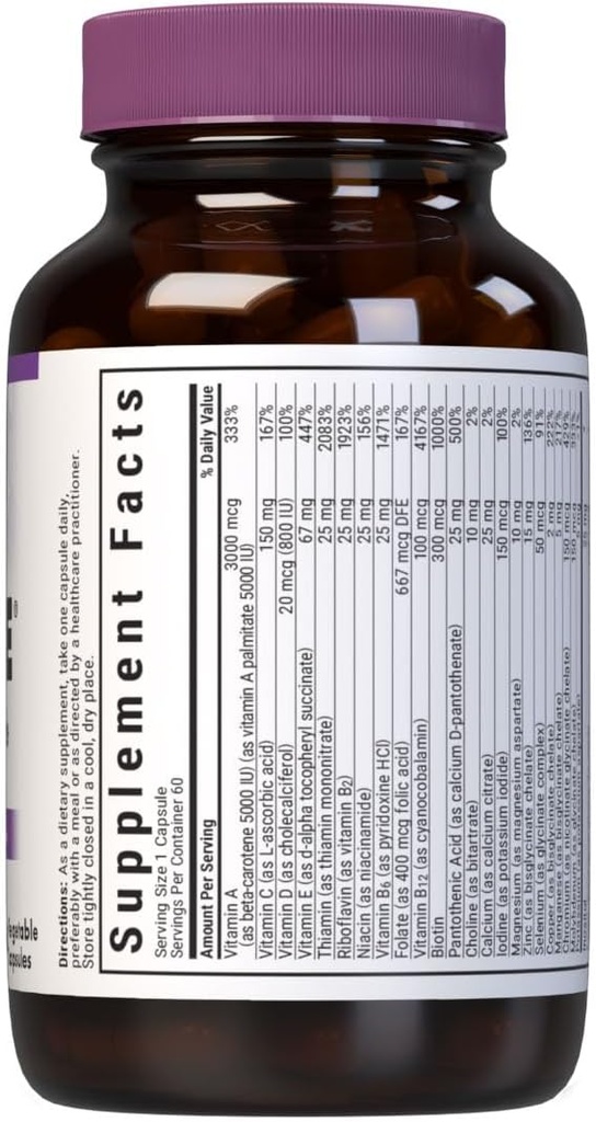 Bluebonnet Nutrition Multi One (iron Free) Vegetable Capsules for Complete Full Spectrum Multiple, B Vitamins, General Health, Gluten free, milk free, kosher, 60 Vegetable Capsules, 2 Month Supply 3