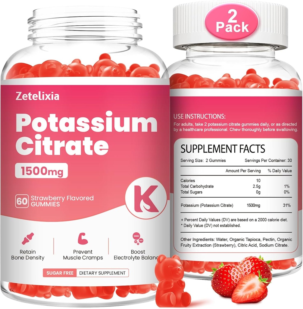 2 Pack Potassium Gummies for Adults Women & Men, Potassium Citrate Supplement, Support Leg Cramps, Muscle Health & Electrolyte Balance, Sugar Free, Organic, Vegan, Strawberry, 120 Cts 2