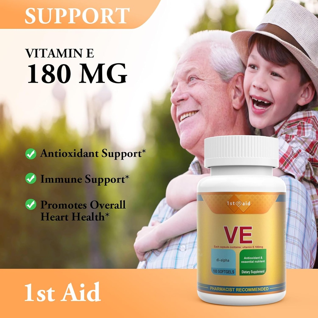 1st Aid Vitamin-E 180-mg DL-Alpha Tocotrienols-Capsules - 100Softgels Heart and Immune Support Dietary Softgels for Women Antioxidant Support 4