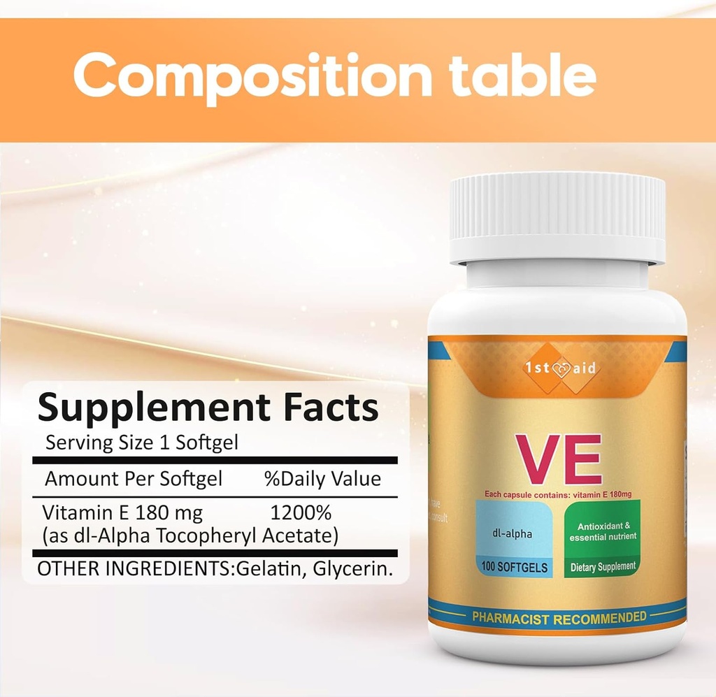 1st Aid Vitamin-E 180-mg DL-Alpha Tocotrienols-Capsules - 100Softgels Heart and Immune Support Dietary Softgels for Women Antioxidant Support 5
