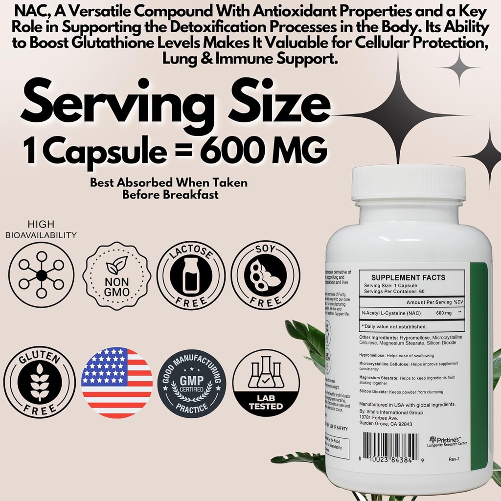 PRISTINE'S N-Acetyl L-Cysteine (NAC) Immunity, Lung, & Liver Support Supplement Capsules - 600MG 60 Day Supply - Potent Antioxidant - Vegan, Gluten Free, Non GMO 5