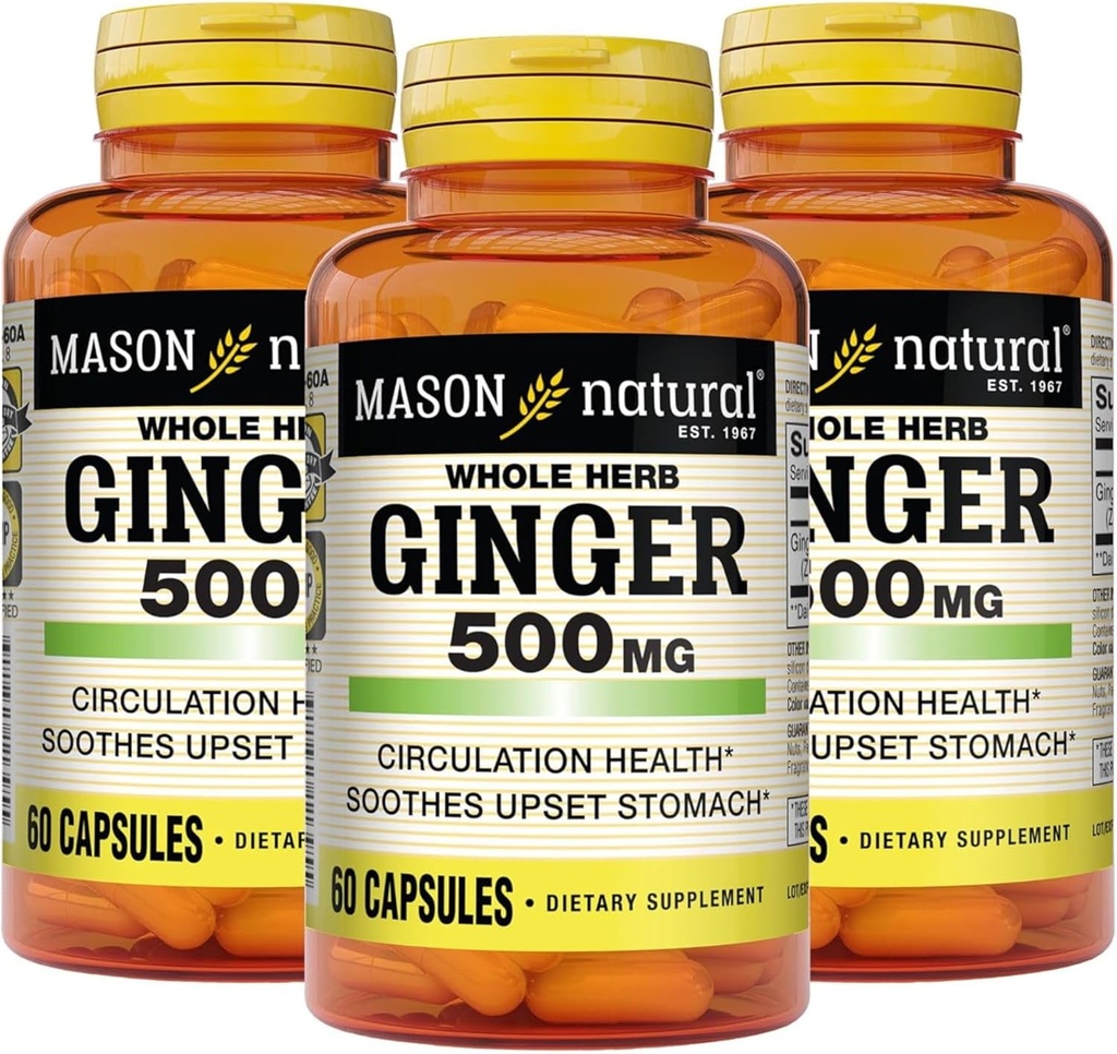 MASON NATURAL Whole Herb Ginger 500 mg, 6 Month Supply, Natural Herbal Supplement, 60 Capsules (3 Pack) 2