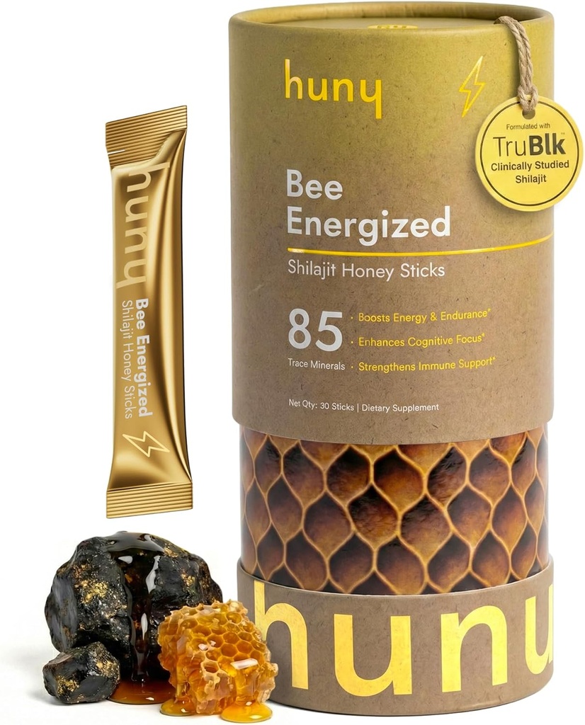 HUNY Bee Energized with Shilajit Honey Sticks | 85+ Trace Minerals for Clean Energy, Focus & Immune Support | Pure Himalayan Shilajit for Men & Women | 30 Count (Pack of 1) 2