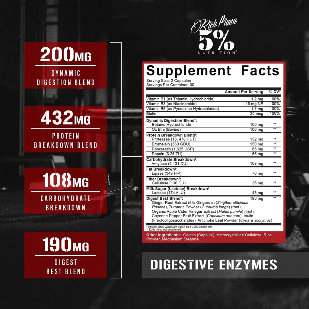 5% Nutrition Rich Piana Digestive Enzymes w/Vitamin B Complex | Enzymes for Protein, Carb, Fat, Fiber & Lactose Breakdown | Betaine, Bromelain, Papain (Papaya), Lipase, Lactase, 60 Veg Caps (30 Svgs) 4