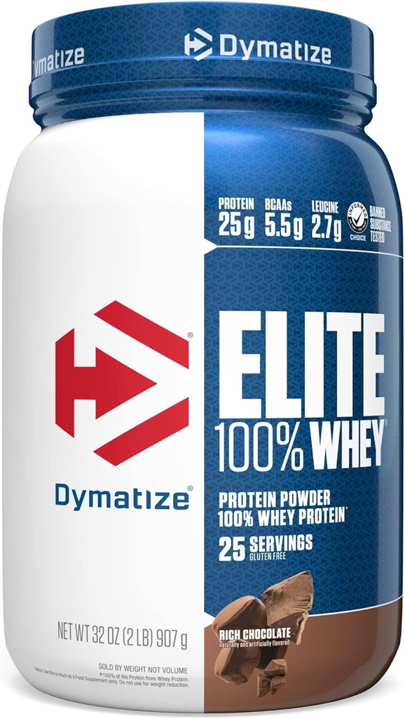 Dymatize Elite 100% Whey Protein Powder, Chocolate, 25g of Protein, 5.5g BCAAs, Less Than 140 Cal., Gluten Free, 3g Carb, 2g Sugar, 3g Fat (25 Servings) 2