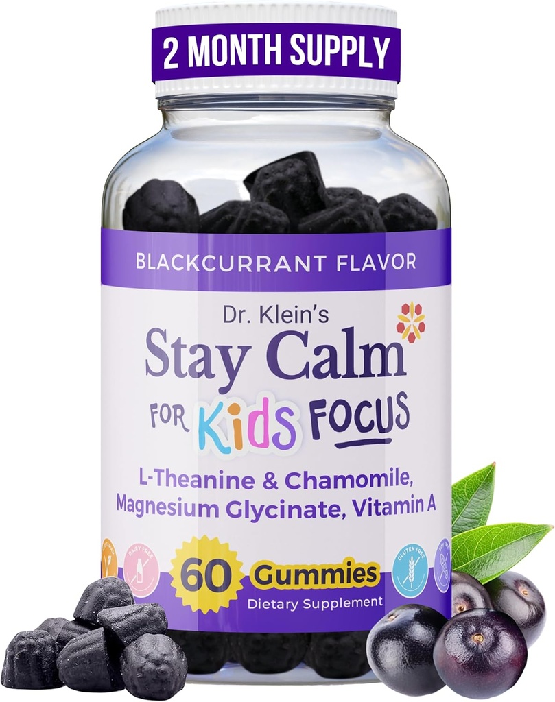 Dr. Klein's Stay Calm Kids Gummies – Magnesium Glycinate + Vitamin A, L-Theanine, Chamomile Extract – Promote Focus & Calm for Ages 5+ – Magnesium Gummies for Kids–Black Currant, Zero Sugar, 60 Count 2