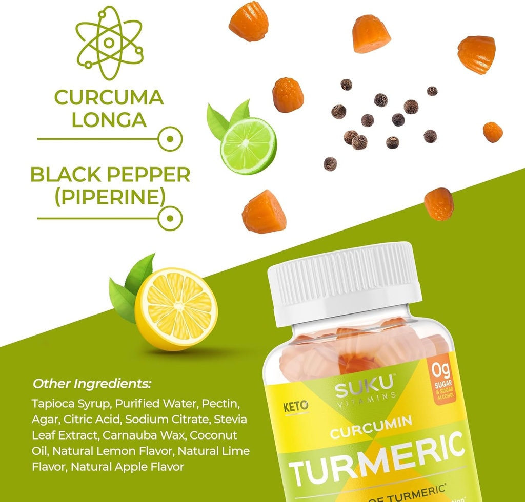 SUKU Turmeric Curcumin Sugar Free Gummies with 1003mg of Turmeric - Black Pepper Protects Liver, Improves Digestion, Inflammation Response & Joint Health – Lemon Lime Flavour (50 Gummies) 6