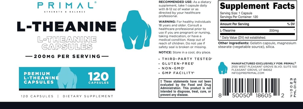 Primal L-Theanine Capsules (120 Servings, 200mg Per Serving) - Non-GMO, Gluten Free 6