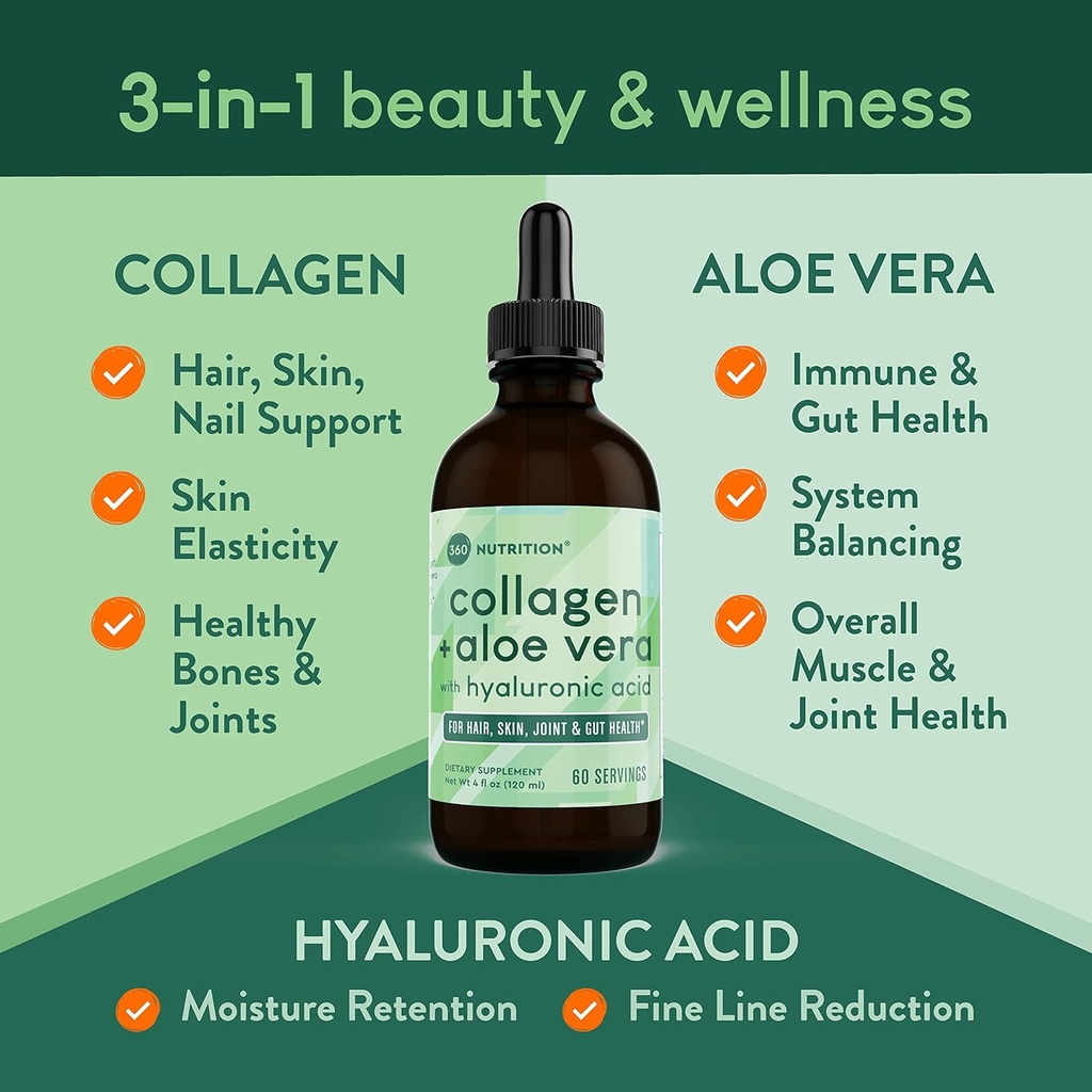 360 Nutrition Liquid Collagen + Aloe Drops | Natural Detox, Radiant Skin, Cleansing and Digestion Support | 60 Servings Per Container (Collagen + Aloe) 3