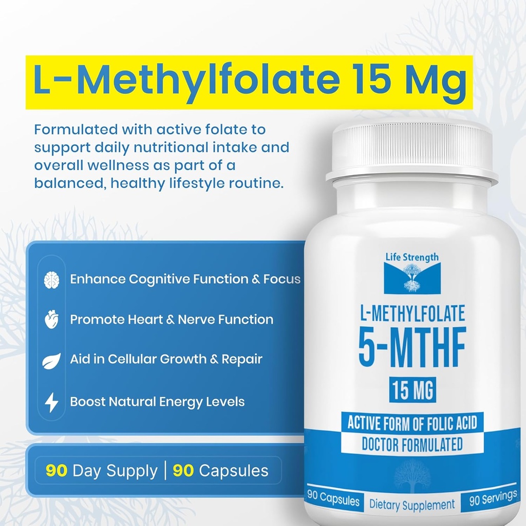 L-Methylfolate 15 MG, Optimized & Highly Bioactive Methyl Folate, 5-MTHF Supplement for Mood and Immune Support, Natural Diet Supplement for Energy, Non-GMO & Gluten-Free, 90 Capsules 5