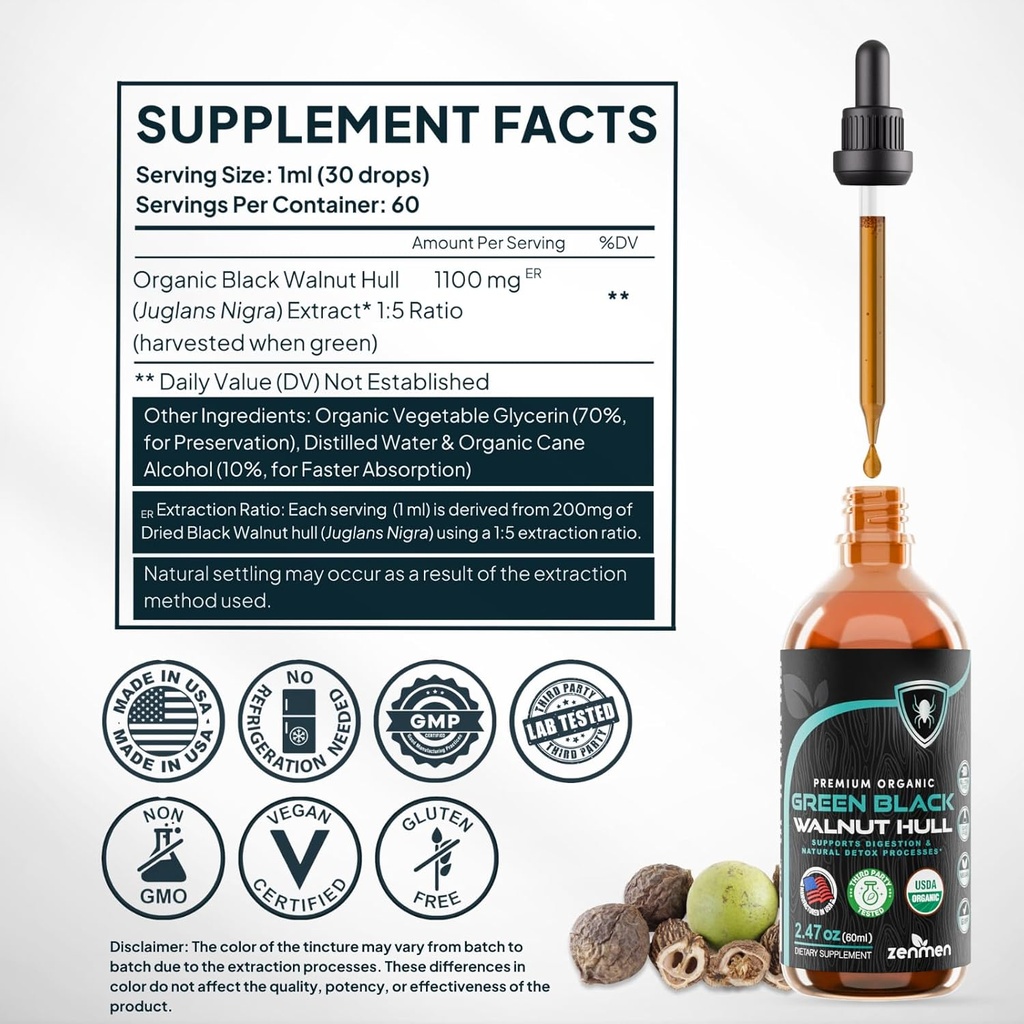 Zenmen Organic Green Black Walnut Hull Tincture - Highly Potent Formula for Immune Support and Source of Antioxidants - 2.32 oz / 60ml, Vegan, Manufactured in The USA 4