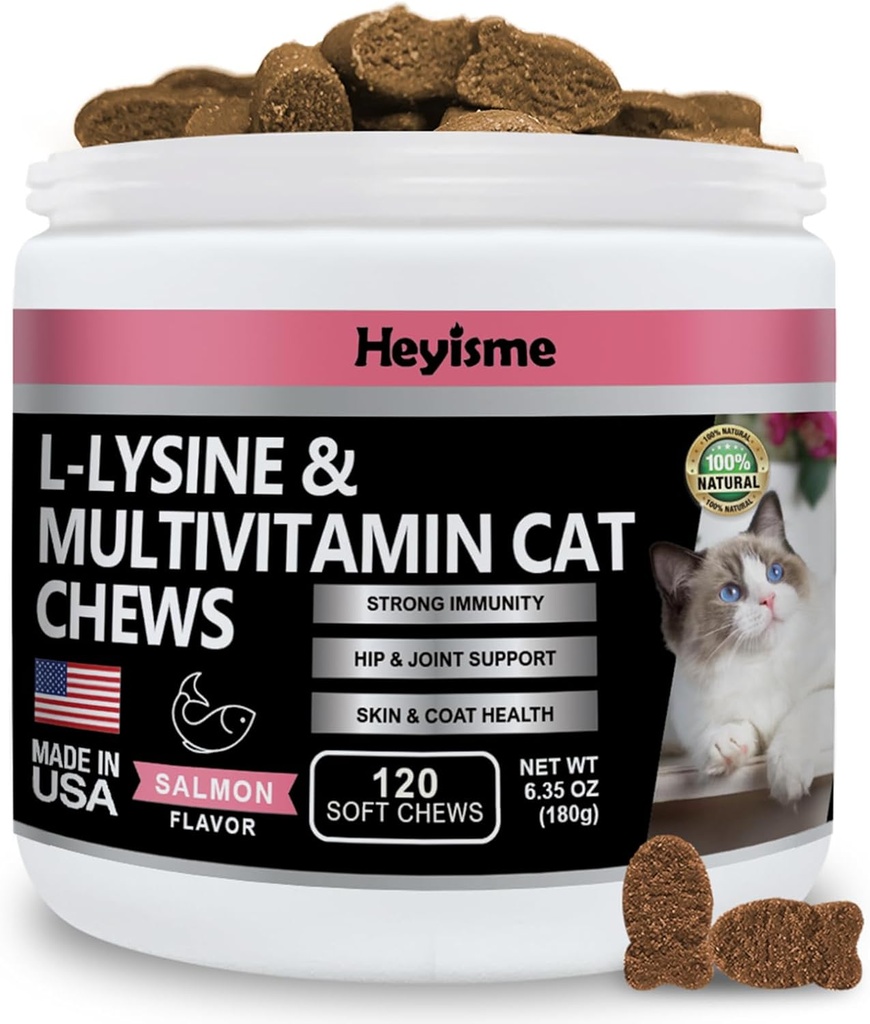 Lysine Supplement for Cats, Cat Treats for Sneezing and Runny Nose, Cold, Cat Immune Support, Eye Function, and Respiratory Health, L-Lysine cat Vitamins for Cats (120 Pills, Salmon) 2