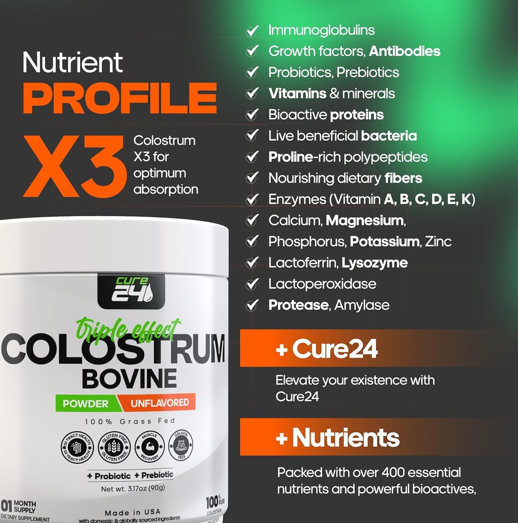 Bovine Colostrum X3 Supplement Powder for Humans, 100% Pure Whole Natural Grass Fed Superfood, High IgG, Plus Probiotic & Prebiotic, Unflavored, Made in USA 6