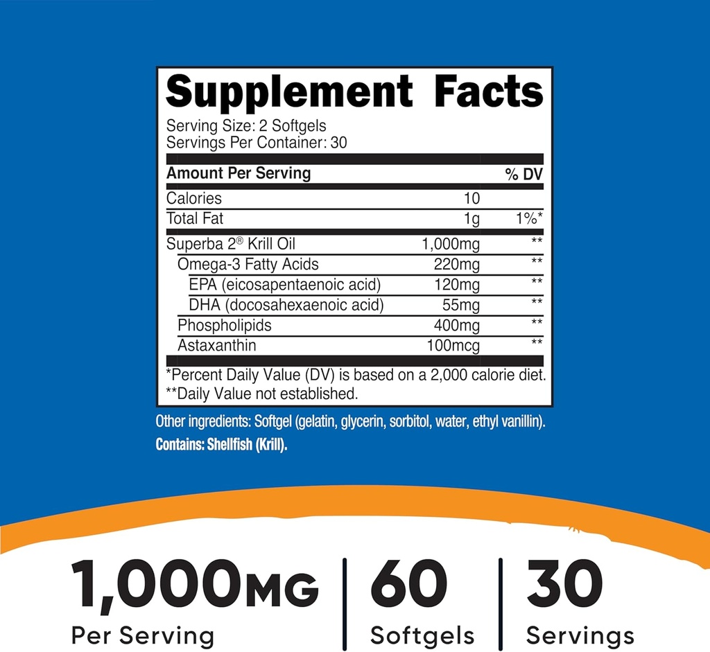 Nutricost Krill Oil 1000mg; 60 Liquid Softgels (2 Bottles) - Omega-3 EPA-DHA 3