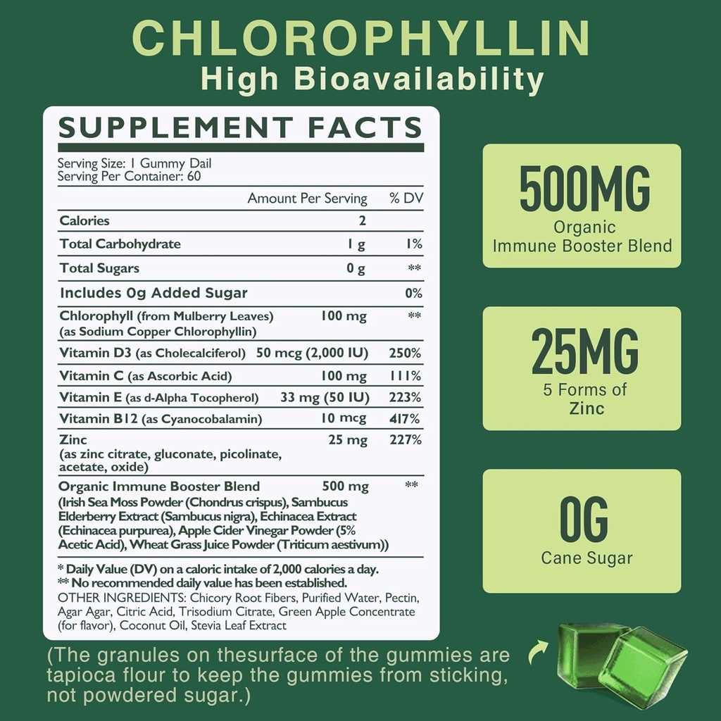 Chlorophyll Gummies - Super Green with Wheat Grass, Sea Moss, Unfiltered ACV & Elderberry, Echinacea, Zinc Complex & Vitamin D3, C, E, B12 for Natural Deodorant, Immune & Digestion Support, 60 Chews 3