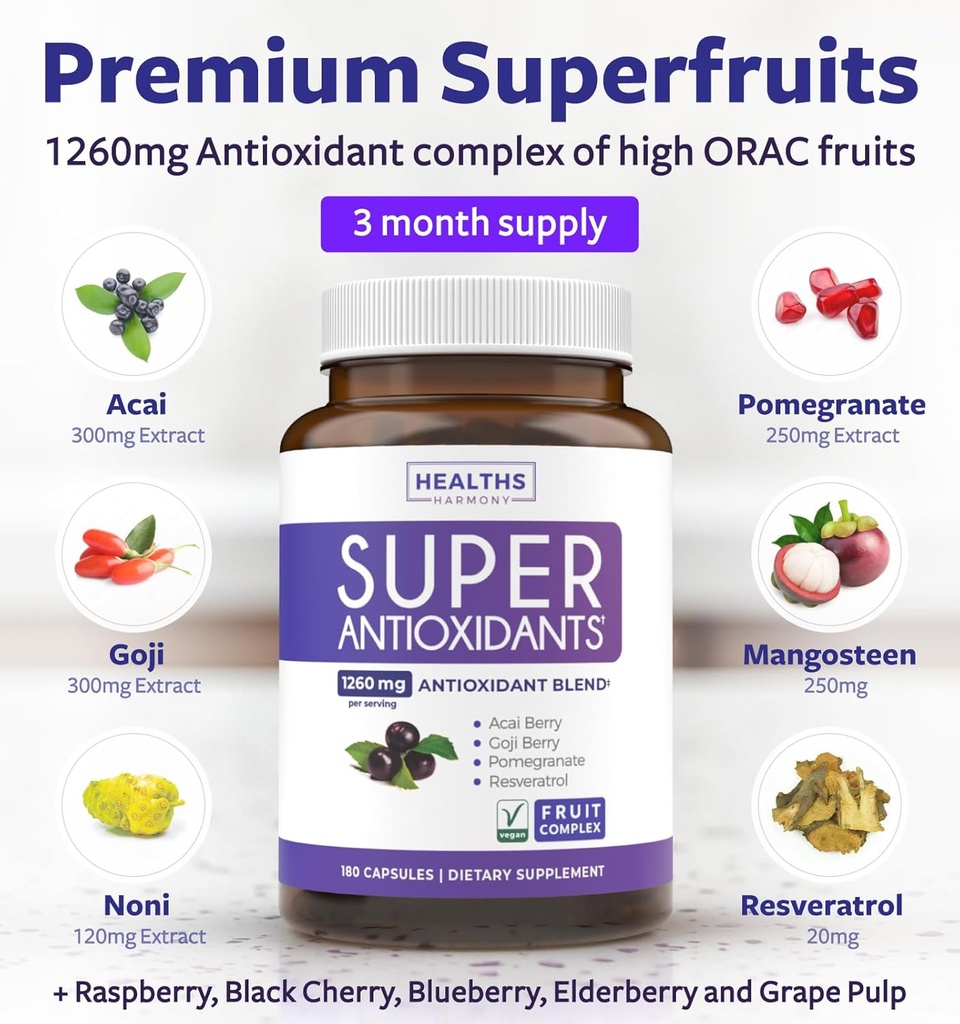 Super Antioxidants Supplement for Women & Men - High Potency Herbal & Fruit Blend with Acai, Goji, Pomegranate, Elderberry & Resveratrol for Skin Care & Immune Support - Vegan & Non-GMO - 180 Capsules 3