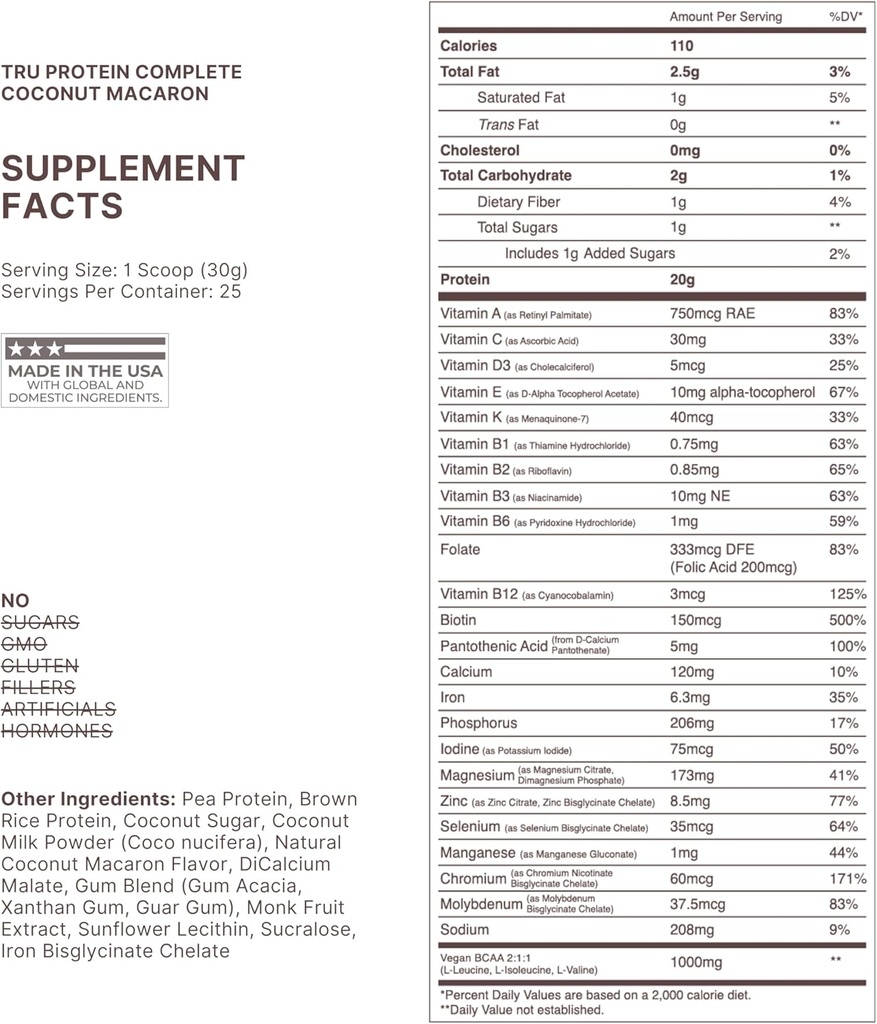 TRU Supplements Plant Based Protein Powder, BCAA, EAA, 20g Vegan Brown Rice & Pea Protein, 100 Calories, 27 Vitamins, No Artificial Flavors 25 Servings (Coconut Macaron) 3